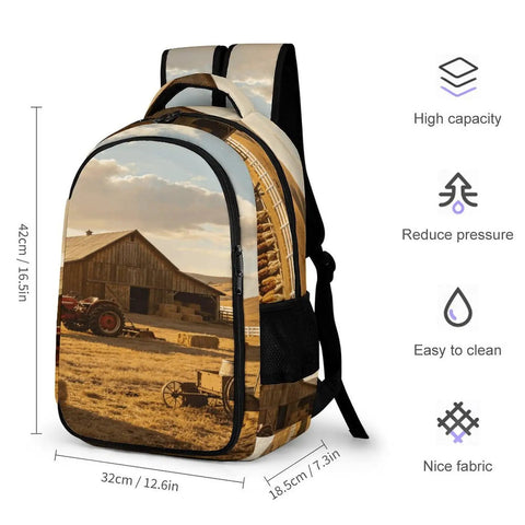 Tractor Barn Farm Landscape Printed Backpack For Unisex Everyday Use With Large Capacity Durable Polyester Daypack For School Travel Or Work Breathable Comfort Zippered Compartments