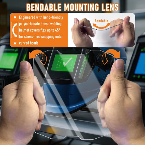 Person bending Five Pack OEM Grade Front Cover Lens for Digital Infinity Series Welding Helmet showing flexibility