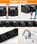 Wall Mounted Mop And Broom Holder Organizer Rack with installation screws and hooks, 22 lb capacity shown in multiple angles