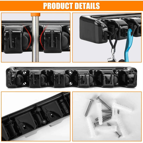 Wall Mounted Mop And Broom Holder Organizer Rack with installation screws and hooks, 22 lb capacity shown in multiple angles