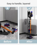 Image showing before and after using Stable Metal Vacuum Stand Holder For Dyson Handheld Vacuums V6 V7 V8 V10 V11 V12 V15 No Drill Docking Station Mount