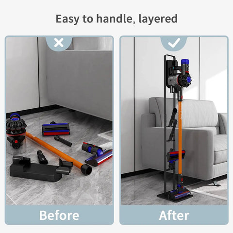 Image showing before and after using Stable Metal Vacuum Stand Holder For Dyson Handheld Vacuums V6 V7 V8 V10 V11 V12 V15 No Drill Docking Station Mount