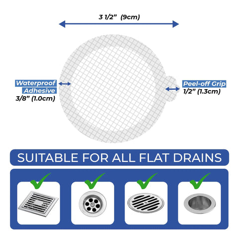 Image showing 3.5" waterproof disposable hair catcher mesh strips for shower and sink drain use.