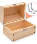Heavy Duty 90 Degree Small Hinge Set For Wooden Boxes And Miniature Furniture Craft Projects Jewelry Cases Cabinets And Drawers Includes 20 Sets With Screws For Easy Installation showcased with open wooden box and inset of hinge close-up.