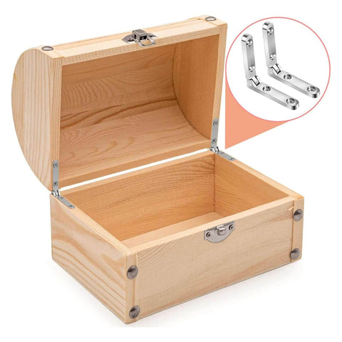 Heavy Duty 90 Degree Small Hinge Set For Wooden Boxes And Miniature Furniture Craft Projects Jewelry Cases Cabinets And Drawers Includes 20 Sets With Screws For Easy Installation showcased with open wooden box and inset of hinge close-up.