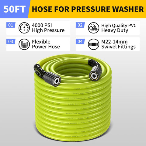 50ft hose for pressure washer with 4000 PSI rating, high quality PVC material, M22-14mm swivel fittings visible