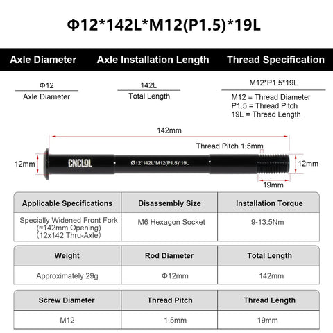 12mm Thru Axle For Bike Fork And Rear Hub Fits Front And Rear Wheels 123mm 142mm 162mm 168mm 171mm 175mm 177mm 181mm With 1.5mm Thread Pitch Front And Rear Wheel Adapter For Mountain And Road Bikes shown with dimensions and specifications