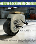 Close-up of Rock Solid 2 Inch Heavy Duty Leveling Casters showing positive locking mechanism for safety during use.
