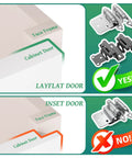 Image comparing layflat and inset cabinet doors with heavy duty ABS PC soft close dampers for face frame and frameless cupboards.