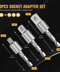 360 Rotatable Socket Adapter Set For Drill Tools 3 Piece Impact Grade Adapters in chrome vanadium steel with size labels