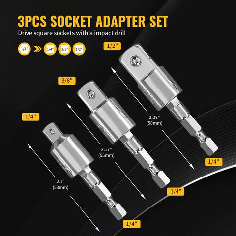 360 Rotatable Socket Adapter Set For Drill Tools 3 Piece Impact Grade Adapters in chrome vanadium steel with size labels