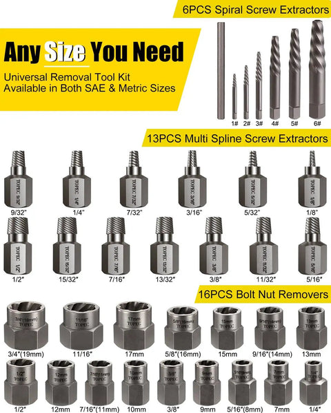 36 Piece Screw And Bolt Extractor Kit 3 In 1 Easy Out Set with various extractor sockets and bits for damaged screws SAE and Metric