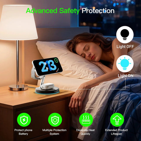 3 In 1 Wireless Charging Dock For iPhone AirPods And Apple Watch With MagSafe Stand Fast Charge Mess Free Desk Setup featured on nightstand