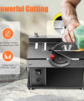 Portable Multi Function Table Saw With Drill Chuck And Sanding Kit used for precise cutting, showing angle adjustment and depth feature.