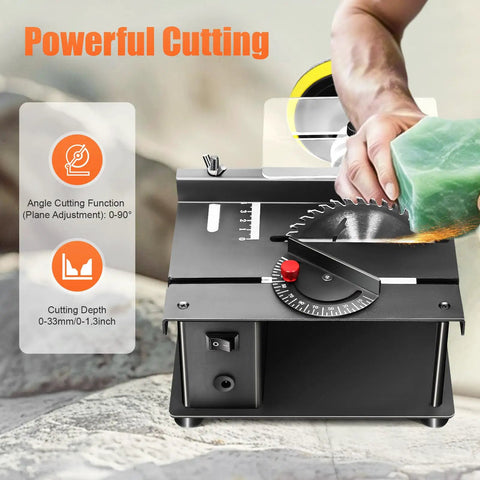 Mini Table Saw 200W Bench Cutter For Wood Metal Plastic, 0 To 90 Degree Tilt, 1.3 Inch Cutting Depth, cold rolled steel base