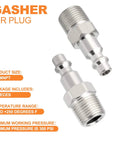 Two industrial 3/8-Inch MNPT male air plugs, 1/4-Inch body, high flow pneumatic for air compressors, nickel plated steel, 300 PSI, 20 pack.