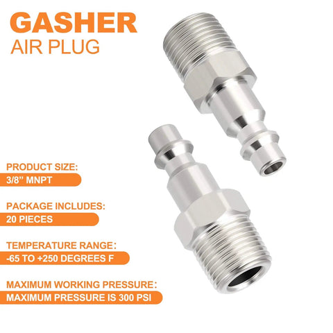 Two industrial 3/8-Inch MNPT male air plugs, 1/4-Inch body, high flow pneumatic for air compressors, nickel plated steel, 300 PSI, 20 pack.