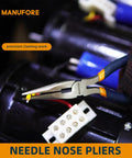 Three Piece Pliers Set For DIY And Home Use With 6 Inch Long Nose Pliers gripping wire in electronic repair