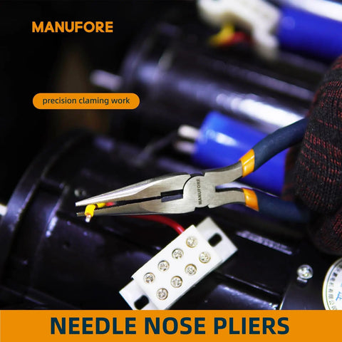 Three Piece Pliers Set For DIY And Home Use With 6 Inch Long Nose Pliers gripping wire in electronic repair