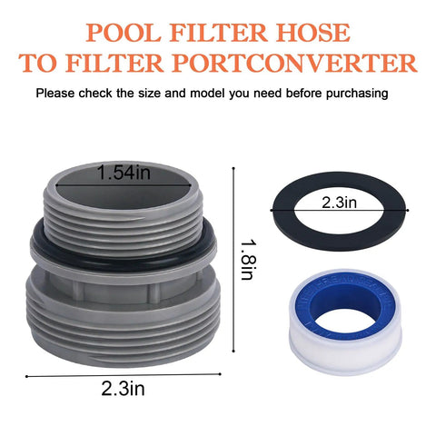 Universal Pool Hose Conversion Adapters Kit 40mm to one and a half inch four pack, showing adapter dimensions and included gasket