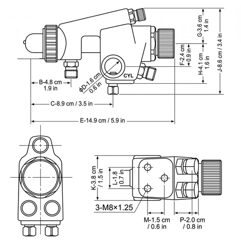 Technical drawing of Heavy Duty Pneumatic Paint Sprayer with dimensions for precise installation and use in factory settings.
