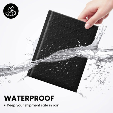 Black Bubble Mailers 6x10 Inch 100 Pack Padded Envelopes With Usable Inner 6x9 Inch shown with water resistance