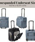 Front and side view of blue and black expandable underseat carry on luggage with wheels, unexpanded size, lightweight weekender travel buddy.