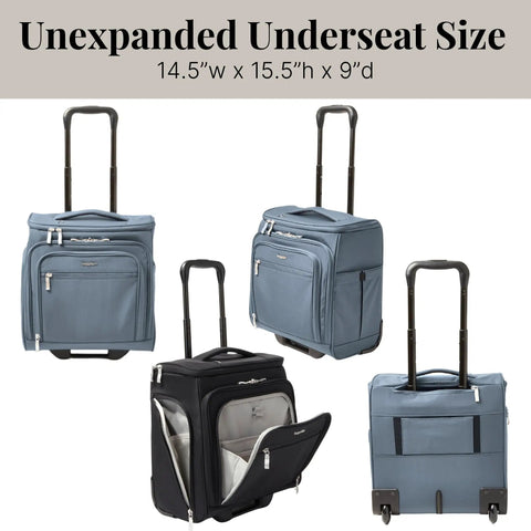 Front and side view of blue and black expandable underseat carry on luggage with wheels, unexpanded size, lightweight weekender travel buddy.