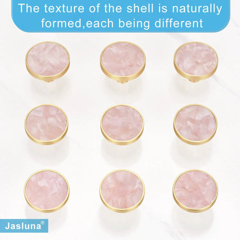 Six Pack Pink Shell Cabinet Knobs Set, 1-1/4 Inch Round Dresser Pulls In Zinc Alloy With Brushed Brass Finish displayed in a grid.