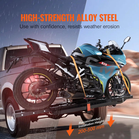Heavy Duty Motorcycle Carrier Hitch Mount With 600 Lbs Capacity 47 Inch Longer Ramp Ratchet Straps And Stabilizer Dirt Bike Scooter Trailer Hauler For Car Or Truck With 2 Inch Hitch Receiver in use on car.