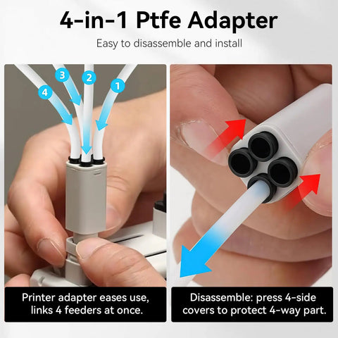 Close-up of 4-in-1 PTFE adapter with four filament connectors for 5 Way Filament Hub For Auto Switching And Multi Color Printing