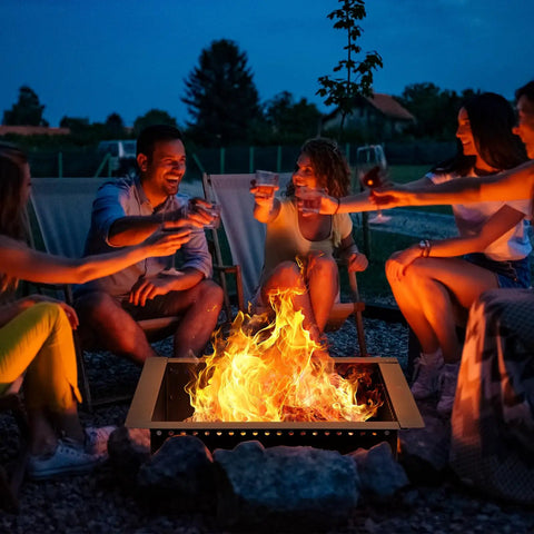 Group enjoying outdoor bonfire with Heavy Duty 36 Inch Square Fire Pit Ring For DIY Campfire Inserts, Above Ground Or In Ground Use