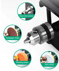 Compact Mini Sliding Table Saw Bad Boy Electric Bench Saw with glass hole opener, sandpaper, polishing, and wool wheels.