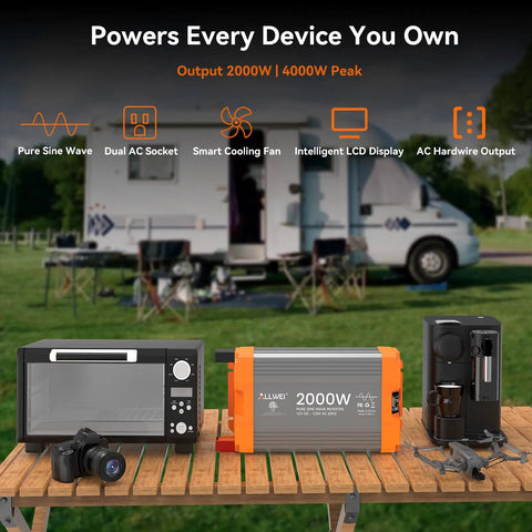 Heavy Duty 2000W Pure Sine Wave Power Inverter Converts 12V DC To 120V AC For RV And Truck With 4000 Watt Surge Output on a wooden table with appliances.
