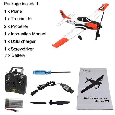 Beginner Friendly RC Airplane With XPilot Stabilization System T28 Trojan kit contents including plane, remote, and manual