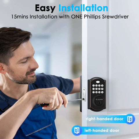 Man installing Easy Install Keyless Entry Door Lock With Bluetooth App Control, Keypad And Waterproof Electronic Deadbolt