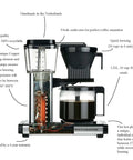 Top Shelf 10 Cup Drip Coffee Maker With 40 Oz Glass Carafe And Precision Temperature Control, sleek design showing brewing features.