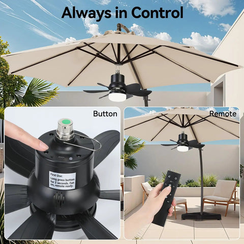 Portable Solar Ceiling Fan With Lights For Outdoor Use Off Grid Ready, 18.5 Inch Blade, Foldable Solar Panel, Remote Control, Stepless Dimming, Timer,