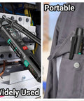 Pen Type Digital Multimeter 6000 Counts AC DC Voltage Tester Pro Grade shown in use and stored in pocket