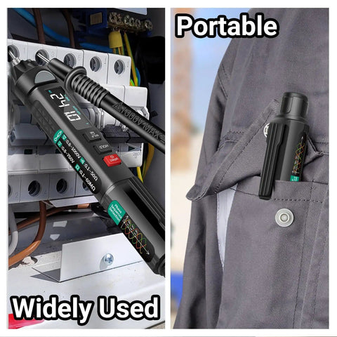 Pen Type Digital Multimeter 6000 Counts AC DC Voltage Tester Pro Grade shown in use and stored in pocket