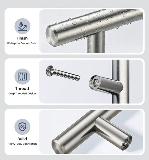 30 Pack Brushed Nickel Cabinet Handles Seven And Three Eighths Inch Overall Length Built To Last Stainless Steel Drawer Pulls With Five Inch Center To Center Holes For Kitchen Cabinets Dresser Drawers And Bathroom Vanities showing waterproof finish and threaded design.