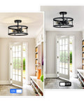 Two Pack 13 Inch 3 Light Matte Black Semi Flush Mount Ceiling Light Fixtures For Farmhouse Kitchen And Hallway Slick Industrial Style Modern Look Durable Frame with on and off lighting comparison