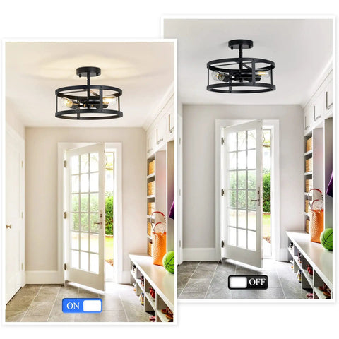 Two Pack 13 Inch 3 Light Matte Black Semi Flush Mount Ceiling Light Fixtures For Farmhouse Kitchen And Hallway Slick Industrial Style Modern Look Durable Frame with on and off lighting comparison