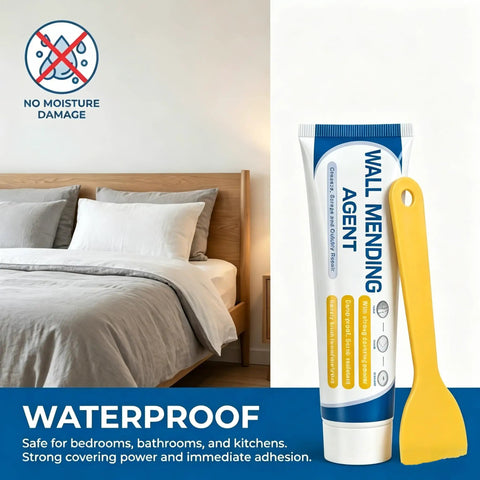 Wall Repair Kit With Scraper And Drywall Patch Paste For Holes And Cracks Quick Drying Patch Cream That Blends Into White Walls Nail Hole Repair For Homes Easy DIY Fix No Mess, shown with scraper and repair tube in bedroom setting.