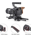 Camera rig with wood handle and lens on 15mm Long Lens Support Bracket Height Adjustable For DSLR Shoulder Rig Built For Long Lenses