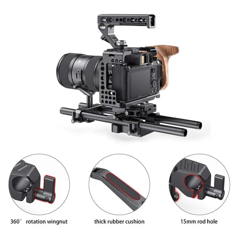 Camera rig with wood handle and lens on 15mm Long Lens Support Bracket Height Adjustable For DSLR Shoulder Rig Built For Long Lenses