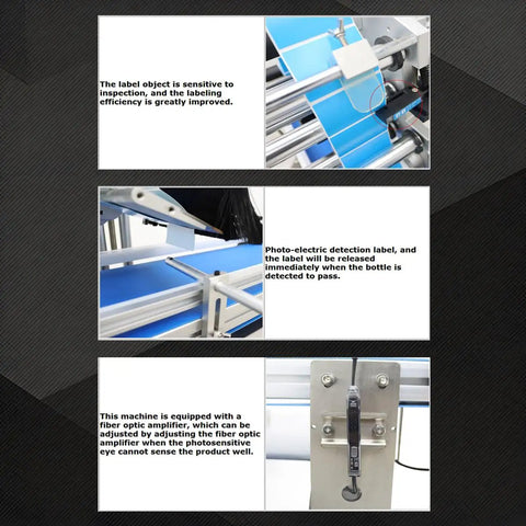 Close-up of the sensor on the Straight Up Efficient 110V Quick Setup Automatic Desktop Conveyor Bottle Labeler Pro with Smart Touch Screen Display.