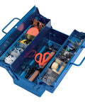 Blue Two-Level Toolbox With Two-Tier Storage, open view showing compartments filled with tools and hardware, compact design.