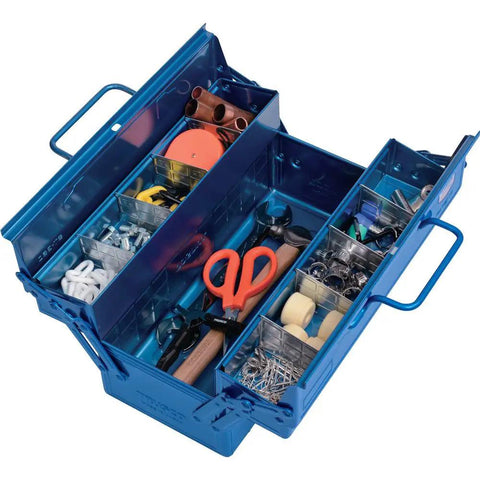 Blue Two-Level Toolbox With Two-Tier Storage, open view showing compartments filled with tools and hardware, compact design.