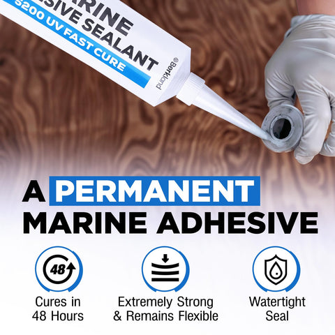 Fast Cure White Marine Adhesive Sealant 5200 For Above And Below Waterline applying on wood surface with latex gloved hand.